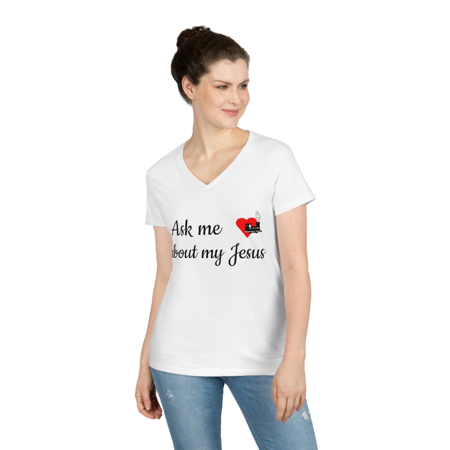 LifeStation Ask me about my Jesus Ladies' V-Neck T-Shirt
