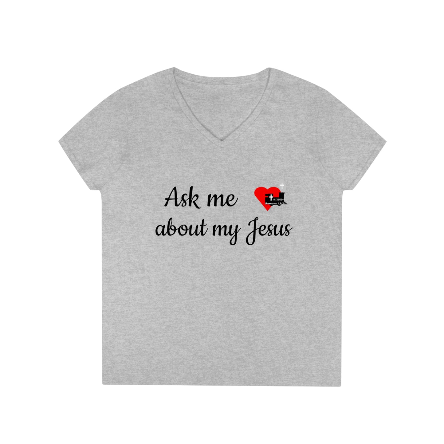 LifeStation Ask me about my Jesus Ladies' V-Neck T-Shirt